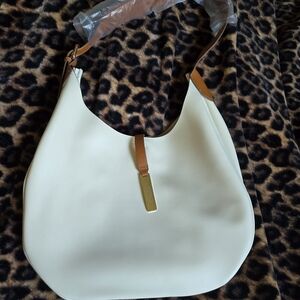 Cream Faux Leather Hobo Bag with Tan Accents